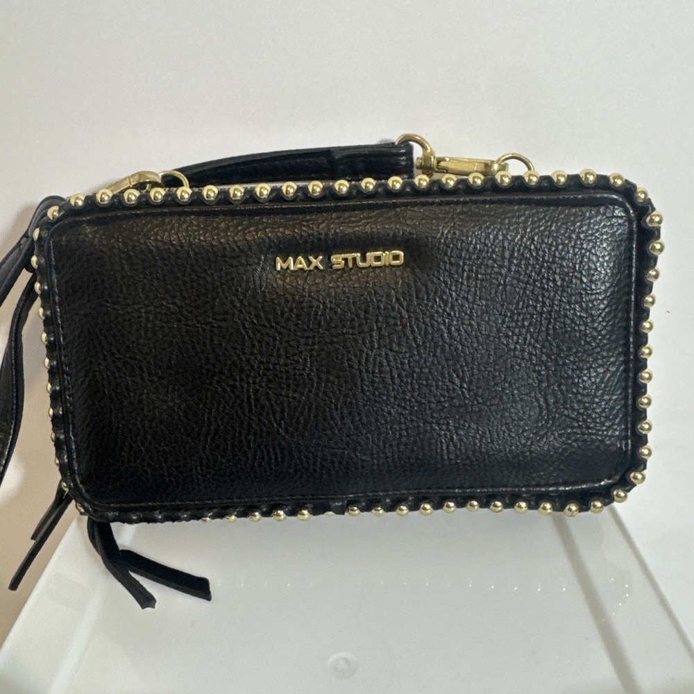 Max Studio Crossbody Purse Black Studded Gold Tone Multiple Zipper Pockets